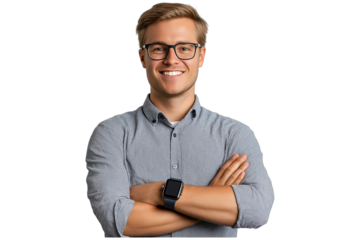Confident young businessman in a casual shirt smiles, arms crossed , no background, transparent background , PNG