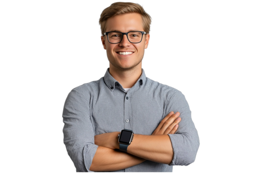 Confident young businessman in a casual shirt smiles, arms crossed , no background, transparent background , PNG - Powered by Adobe