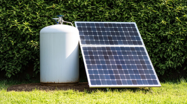 Green Energy and Water Conservation Concept, solar powered water tank providing clean water in green environment