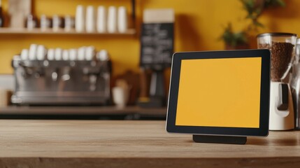 cafe concept. Blank tablet on a wooden counter in a cozy café setting.