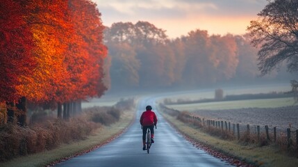 Obraz premium Cyclist rides autumn road, sunrise mist, fall foliage