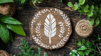 Fototapeta premium A hand-painted boho arrow on a wooden plaque, surrounded by natural decor.