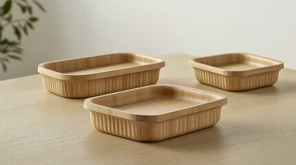 Eco-friendly Food Packaging Concept, Three rectangular woven baskets in varying sizes are placed on a textured surface, showcasing natural materials and a minimalist design.