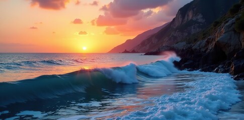 Naklejka premium Calm sea at sunset with a single wave crashing against the rugged coastline, serene, coast