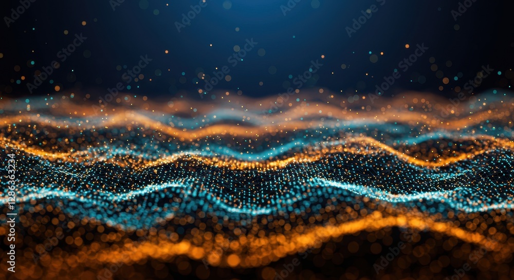 Poster a mesmerizing abstract digital artwork featuring a dynamic flowing landscape of interconnected blue 
