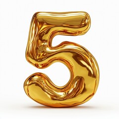 Number 5 made of flowing molten gold with reflective metallic shine isolated on a clean white background