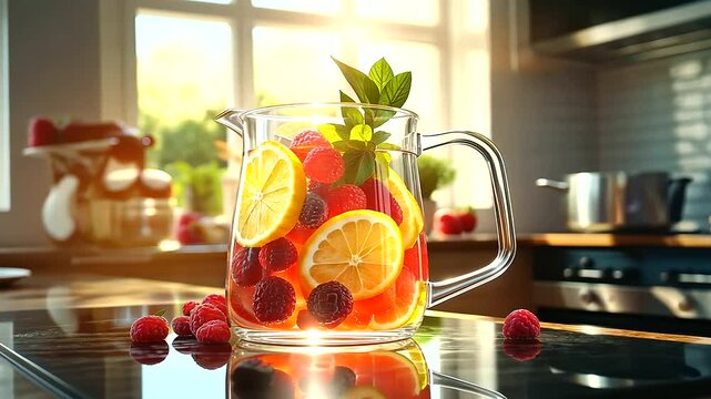 A refreshing pitcher of citrus and berry drink, with floating lemon slices, raspberries, and mint sprigs, set against a sunlit kitchen backdrop