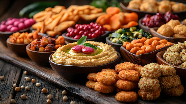 Assorted Snacks And Dips On Wooden Board
