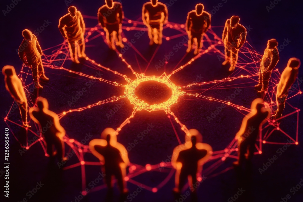 Poster digital network connection: group of people connected by glowing lines in circular formation