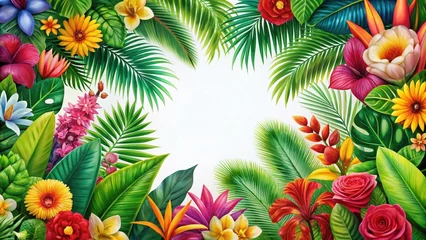 Fotobehang Colorful tropical flowers arranged in a vibrant floral border with lush green leaves and exotic plant species , tropical © Kitiphong