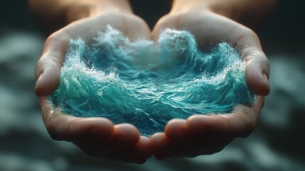 Fototapeta premium Hands cradling small ocean waves in a careful balancing act.
