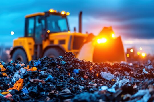 A robust bulldozer works diligently in a dusk setting, clearing a mountain of refuse while bright work lights illuminate the scene, highlighting waste management efforts.