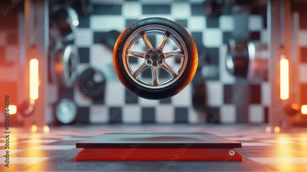 Poster a floating car tire displayed over a checkered background surface