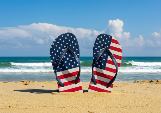 summer beach scene with usa flag flip-flops, ocean waves, and sunshine
