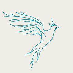 Flying bird logo. Freedom and hope concept. Beautiful symbolic animal silhouette isolated on light background. Flight icon. Elegant, decorative style graphic illustration. Line art wings.