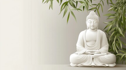 Serene White Buddha Sculpture with Green Bamboo Background