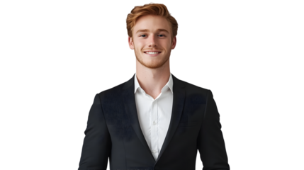 portrait of a handsome attractive young male, wearing an exquisite black suit and white shirt, with a confident smile, full body view, mockup concept template business