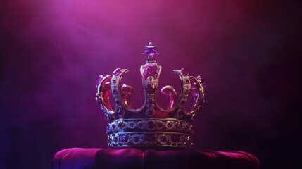 A regal golden crown rests on a velvet purple cushion