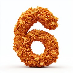 Number 6 made of crunchy spicy fried chicken fillet with a golden-red crisp texture isolated on a clean white background
