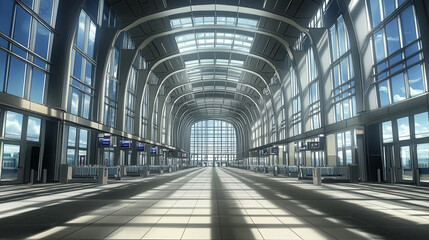 Fototapeta premium Spacious and Modern Airport Terminal Interior with High Ceilings and Abundant Natural Light Streaming Through Large Windows