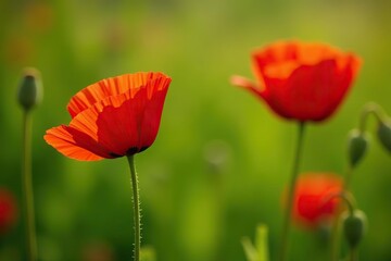 Obraz premium Bright red poppies with partially open petals and a tightly closed bud on a green meadow, petals, bud