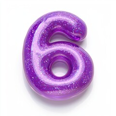 Number 6 made of glossy purple slime with holographic glitter particles suspended inside isolated on a clean white background