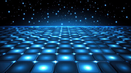 Fototapeta premium futuristic blue grid with glowing tiles under starry sky creates mesmerizing digital landscape. vibrant colors and patterns evoke sense of wonder and exploration