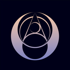 Night eye alchemy symbol. Sacred geometry circle logo. Modern, geometric, spa style icon isolated on dark sky fund. Circular minimal deco design lines.