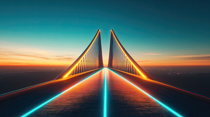 Obraz premium A stunning futuristic bridge illuminated by vibrant lights, set against a colorful sunset backdrop, creating a mesmerizing visual effect.