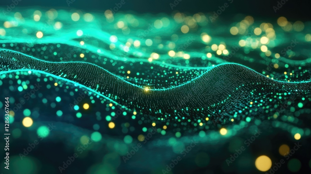 Poster abstract teal and gold particle wave abstract background
