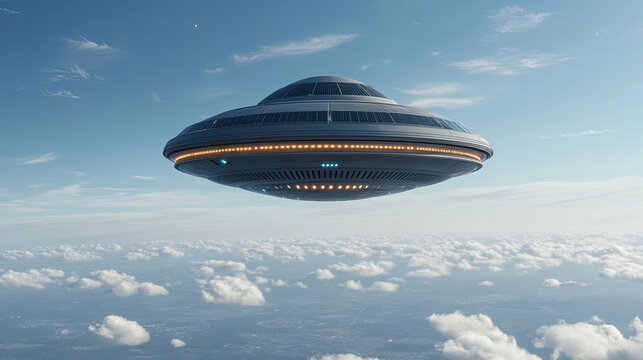A sleek, futuristic UFO hovers above fluffy clouds, set against a vibrant blue sky.