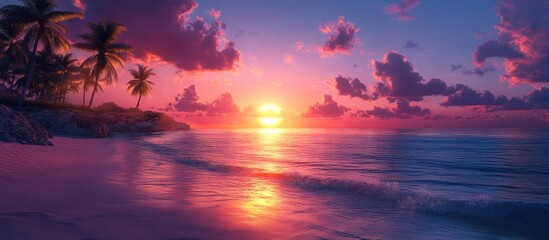 Vibrant sunset over tropical beach with palm trees.