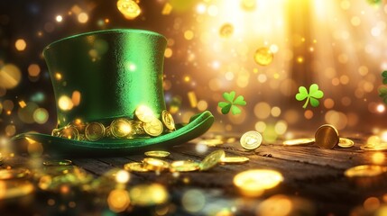 Festive green leprechaun hat surrounded by gold coins and shamrocks for St. Patrick's Day