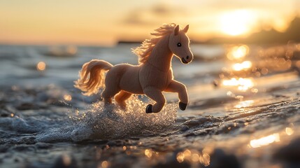 A stuffed horse galloping along the shoreline as the sun sets