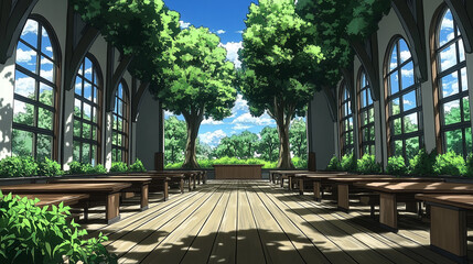 Fototapeta premium Bright and Lush Indoor Space Surrounded by Tall Windows with Trees and Greenery Under a Clear Blue Sky