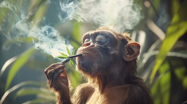 Curious Monkey Smoking Cannabis Leaf in Tropical Jungle Setting
