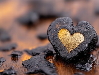 Fototapeta premium Charcoal heart with golden center on rustic textured surface symbolic contrast between darkness and warmth expressing resilience transformation and emotional depth in artistic representation