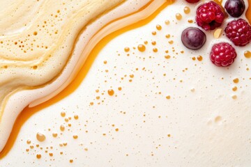 Obraz premium Foamy coffee with milk and berries swirled on white surface.