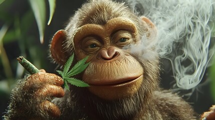 Mischievous Monkey Puffing on a Cannabis Joint in a Lush Jungle Setting