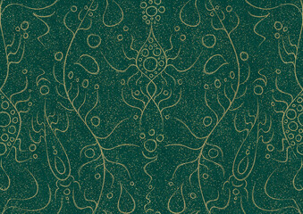 Hand-drawn unique abstract symmetrical seamless gold ornament and splatters of golden glitter on a dark cold green background. Paper texture. Digital artwork, A4. (pattern: p13-1a)