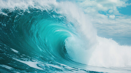 A vibrant ocean wave curls majestically under a bright sky, showcasing the beauty and power of nature's aquatic wonders.