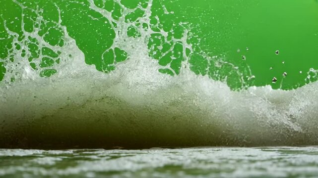 Dynamic water wave crashing with splashes against chroma key background
