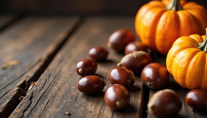 Chestnuts and pumpkins are scattered on a wooden table, rustic, harvest