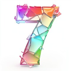 Number 7 made of holographic shattered glass shards reflecting rainbow hues isolated on a clean white background