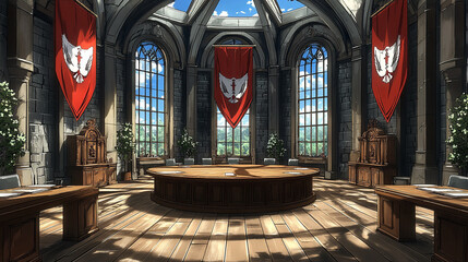 Fototapeta premium Grand interior of a majestic hall with tall windows, banners, and wooden furniture featuring a round conference table surrounded by elegant decor