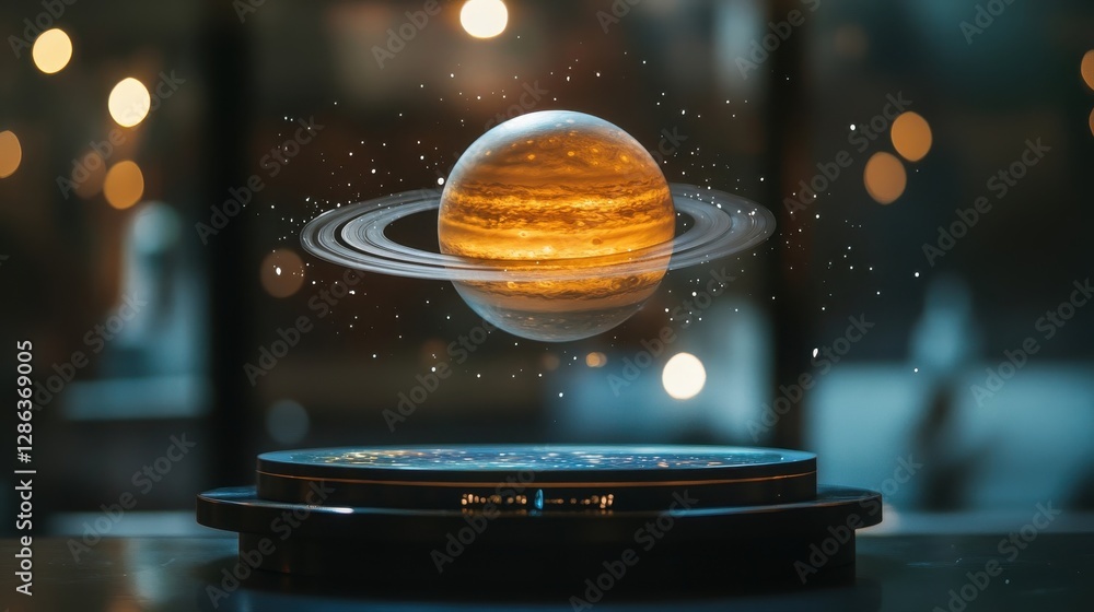 Poster a glowing planet saturn is hovering above a platform display