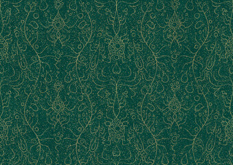 Hand-drawn unique abstract symmetrical seamless gold ornament and splatters of golden glitter on a dark cold green background. Paper texture. Digital artwork, A4. (pattern: p13-1b)