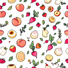 a variety of fruits and vegetables, including apples, peaches, strawberries, raspberries, plums, peaches, and radishes, all set against a white background.