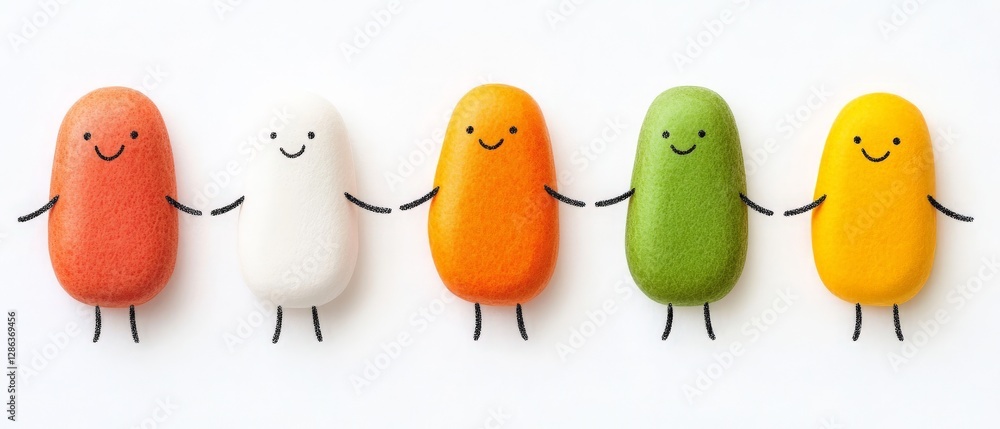 Poster cute colorful bean shaped characters lined up minimalist vector illustration with charming design pl
