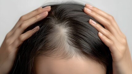 Fototapeta premium Close-up of an Asian woman with her hands on the back of her head, showing hair loss in the top part of her black hairstyle, against a white background.